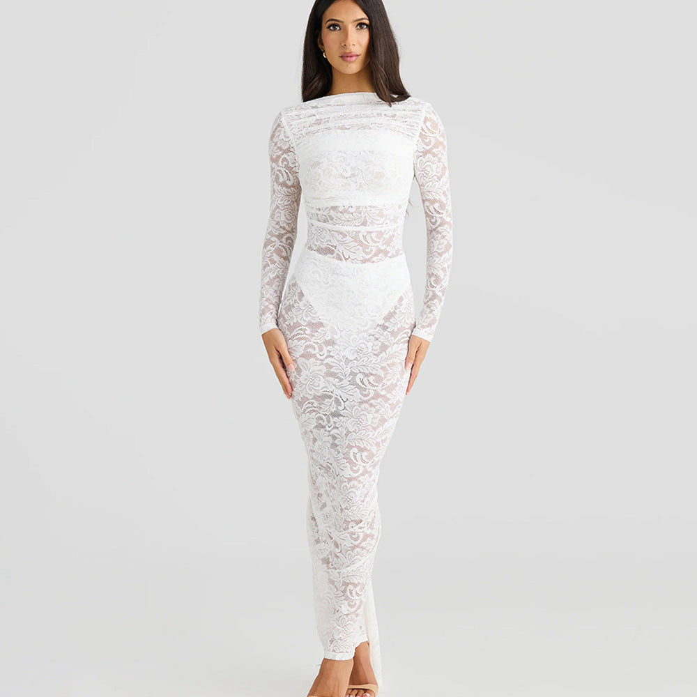 Long Sleeve Backless Lace See-through Slim-fit Dress