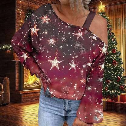 Christmas Women's Fashion Trend Diagonal Collar T-shirt