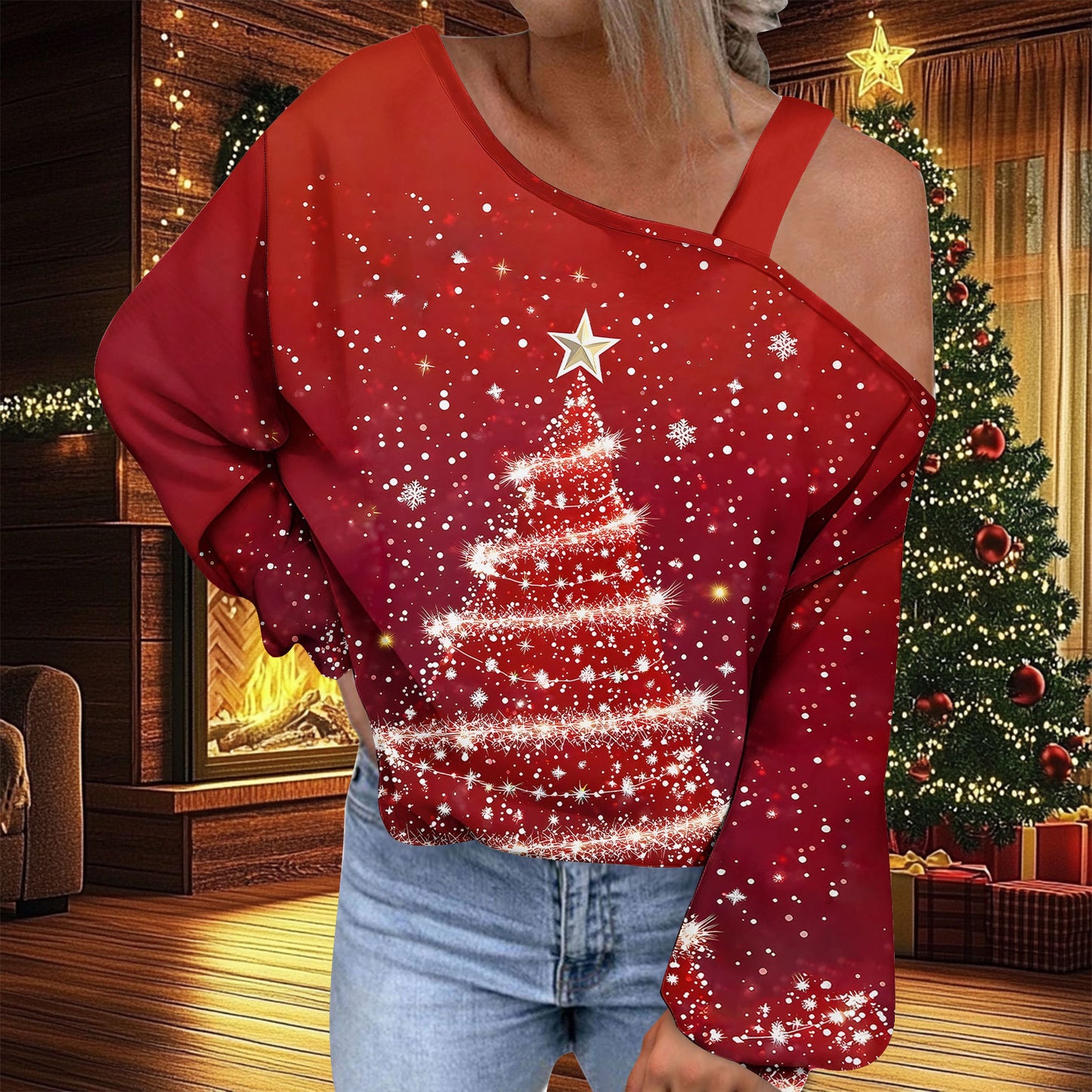 Christmas Women's Fashion Trend Diagonal Collar T-shirt