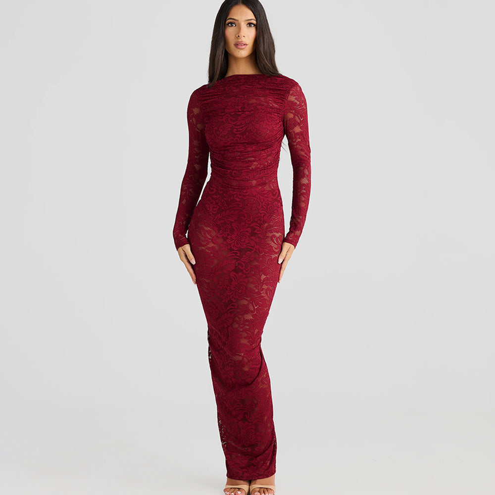 Long Sleeve Backless Lace See-through Slim-fit Dress