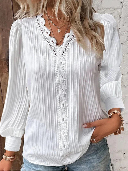 Street Women's  Blouse V-neck Long Sleeve Pullover Chiffon Shirt Fall Top Simple