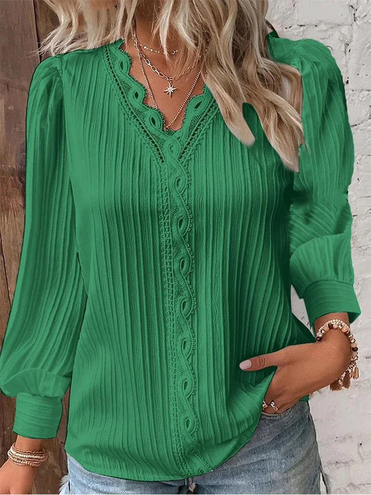 Street Women's  Blouse V-neck Long Sleeve Pullover Chiffon Shirt Fall Top Simple