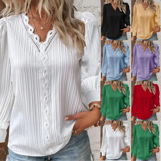 Street Women's  Blouse V-neck Long Sleeve Pullover Chiffon Shirt Fall Top Simple