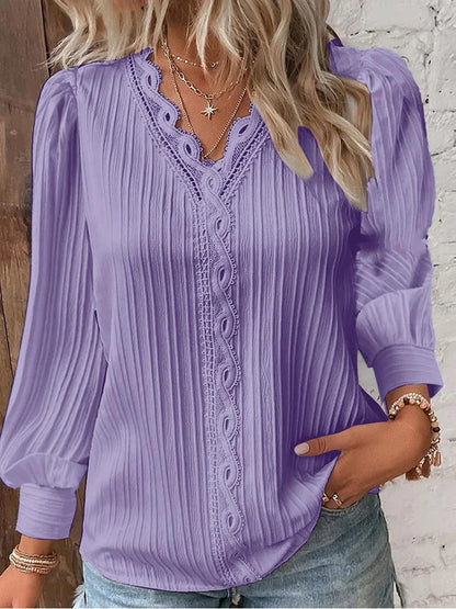 Street Women's  Blouse V-neck Long Sleeve Pullover Chiffon Shirt Fall Top Simple