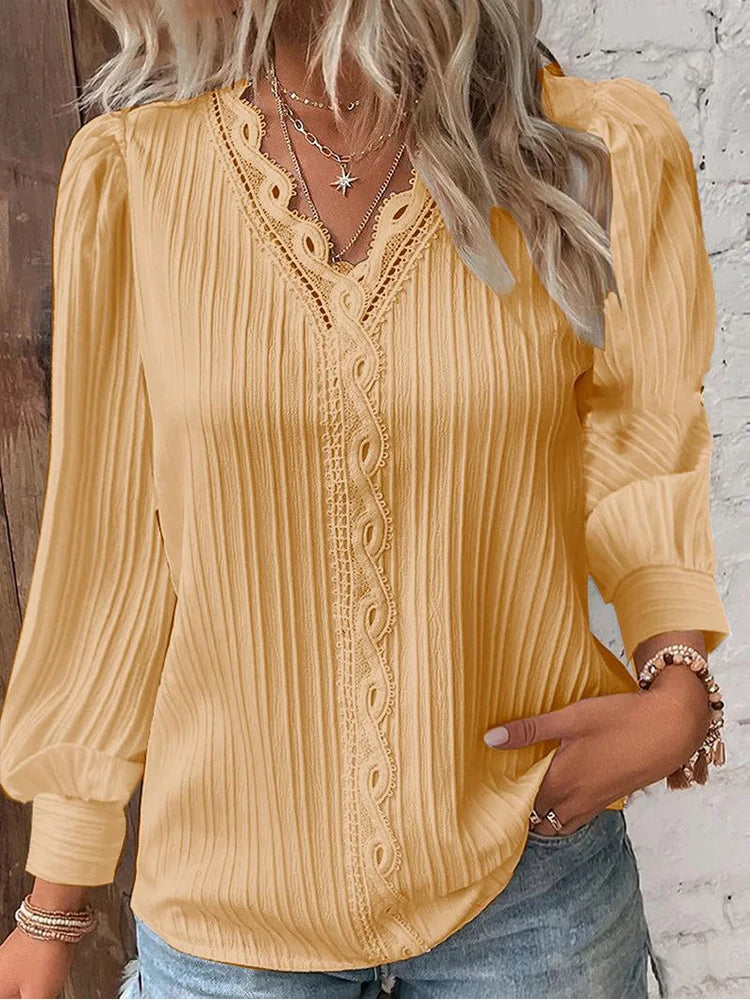 Street Women's  Blouse V-neck Long Sleeve Pullover Chiffon Shirt Fall Top Simple