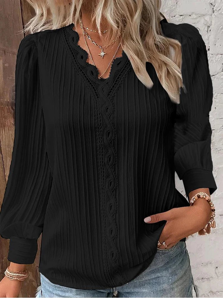 Street Women's  Blouse V-neck Long Sleeve Pullover Chiffon Shirt Fall Top Simple