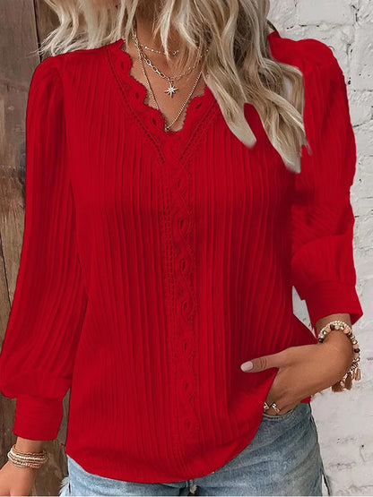 Street Women's  Blouse V-neck Long Sleeve Pullover Chiffon Shirt Fall Top Simple