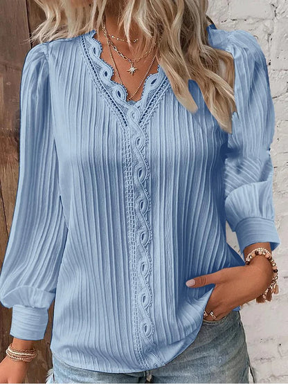 Street Women's  Blouse V-neck Long Sleeve Pullover Chiffon Shirt Fall Top Simple