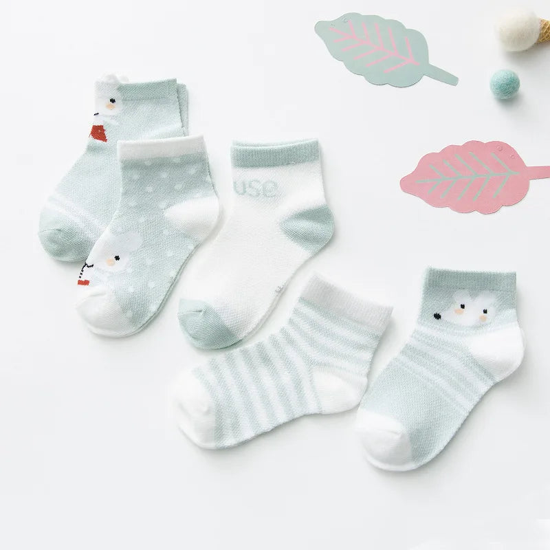 Five pairs per lot, 0-2 years infant baby socks, suitable for girls, made from cotton mesh, adorable for newborn boys and toddlers.