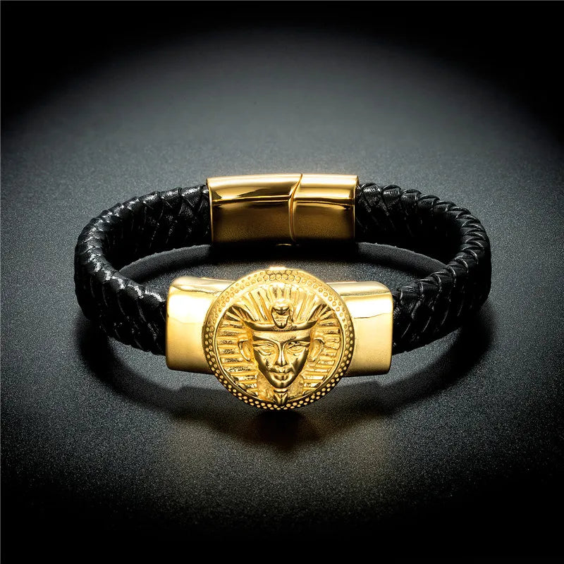 Pharaonic fashion Men's Bracelet Egyptian Pharaoh Image Stainless Steel Magnetic Clasp Braided Leather