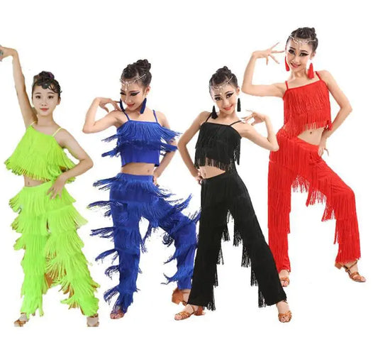 Kids Latin Dance Costumes Ballroom Plus Size Fringe Tassel Dress Pants Outfits