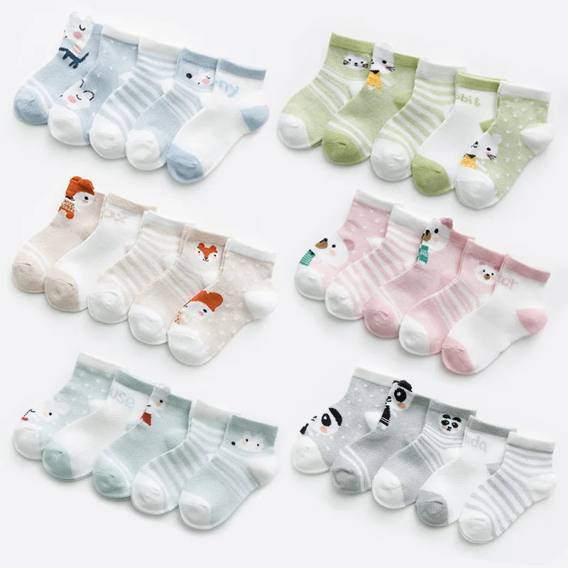 Five pairs per lot, 0-2 years infant baby socks, suitable for girls, made from cotton mesh, adorable for newborn boys and toddlers.