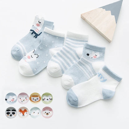 Five pairs per lot, 0-2 years infant baby socks, suitable for girls, made from cotton mesh, adorable for newborn boys and toddlers.