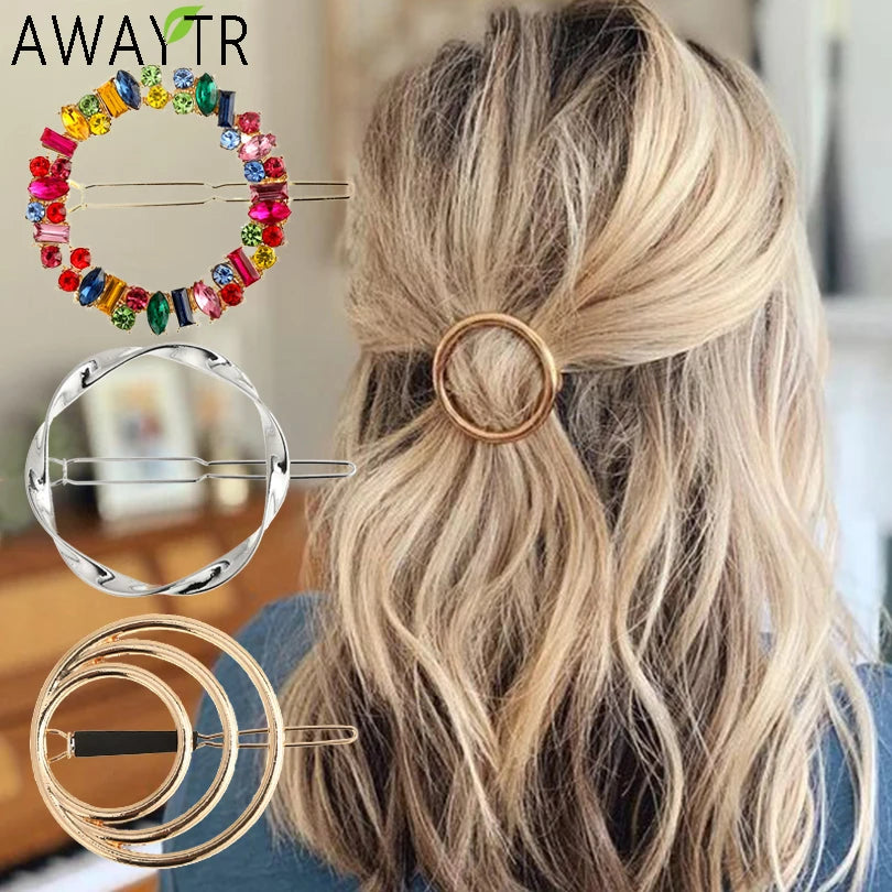 Women Girl Hair Clips Barrette Gold Silver Metal Circle Hair Accessories