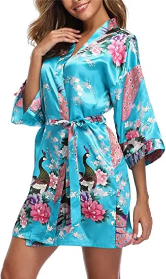 Fashion & Sexy Satin Silk Women Wedding Robe Crane Print Bathrobe Short Long