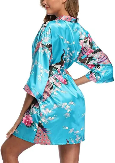 Fashion & Sexy Satin Silk Women Wedding Robe Crane Print Bathrobe Short Long