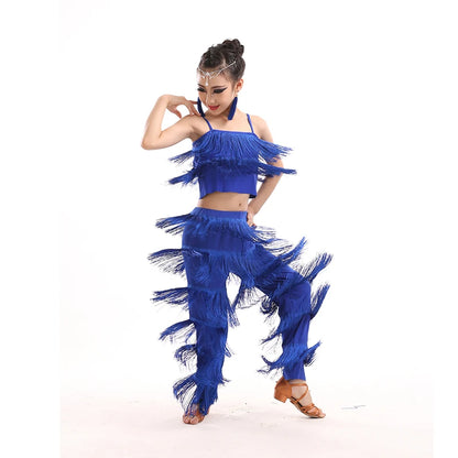 Kids Latin Dance Costumes Ballroom Plus Size Fringe Tassel Dress Pants Outfits