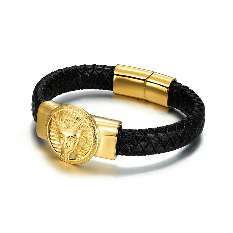 Pharaonic fashion Men's Bracelet Egyptian Pharaoh Image Stainless Steel Magnetic Clasp Braided Leather