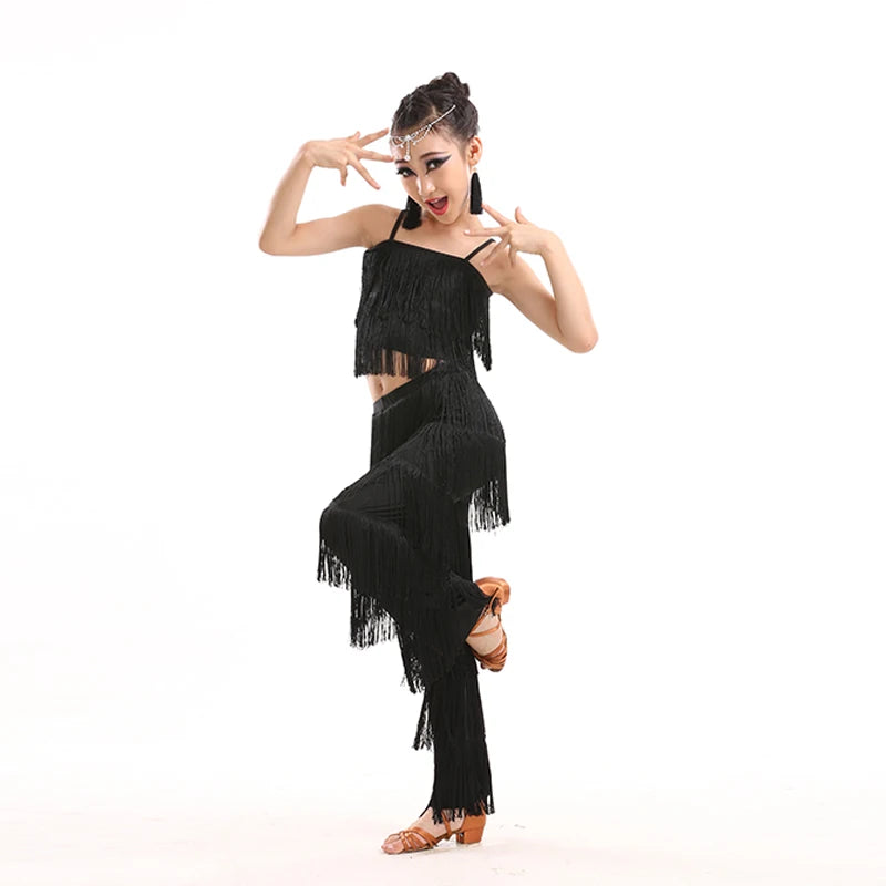 Kids Latin Dance Costumes Ballroom Plus Size Fringe Tassel Dress Pants Outfits