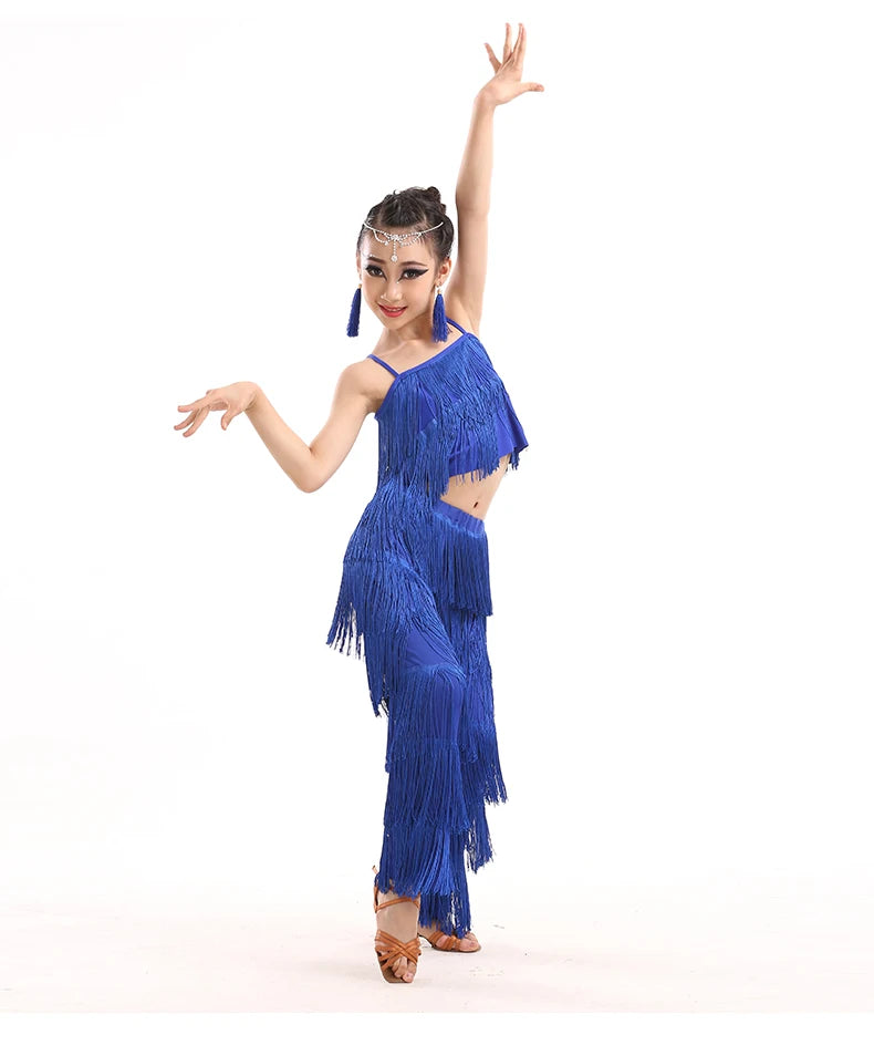 Kids Latin Dance Costumes Ballroom Plus Size Fringe Tassel Dress Pants Outfits