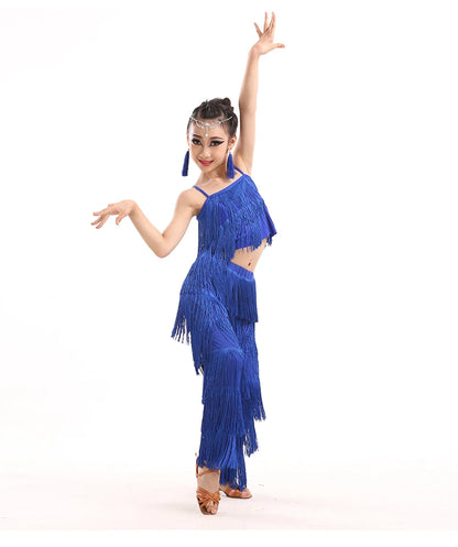 Kids Latin Dance Costumes Ballroom Plus Size Fringe Tassel Dress Pants Outfits