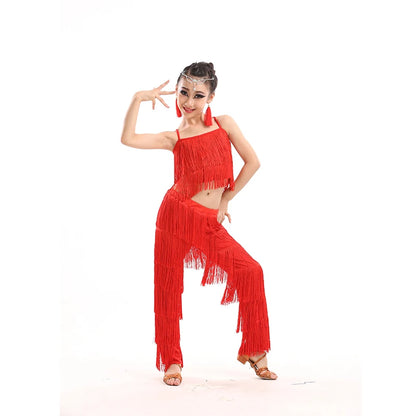 Kids Latin Dance Costumes Ballroom Plus Size Fringe Tassel Dress Pants Outfits