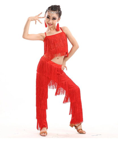 Kids Latin Dance Costumes Ballroom Plus Size Fringe Tassel Dress Pants Outfits