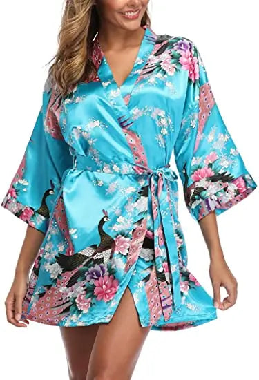 Fashion & Sexy Satin Silk Women Wedding Robe Crane Print Bathrobe Short Long