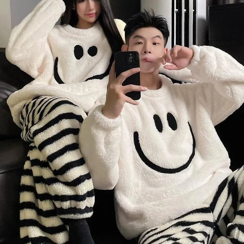 couple Smile Fluffy Flannel Couples Pajamas Set Women Christmas PJ Warm Furry Homewear