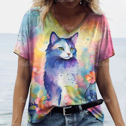 teen and young mom lovely cat T. shirt Cat Print Casual Short Sleeve Crew Neck  Female Oversized Clothing