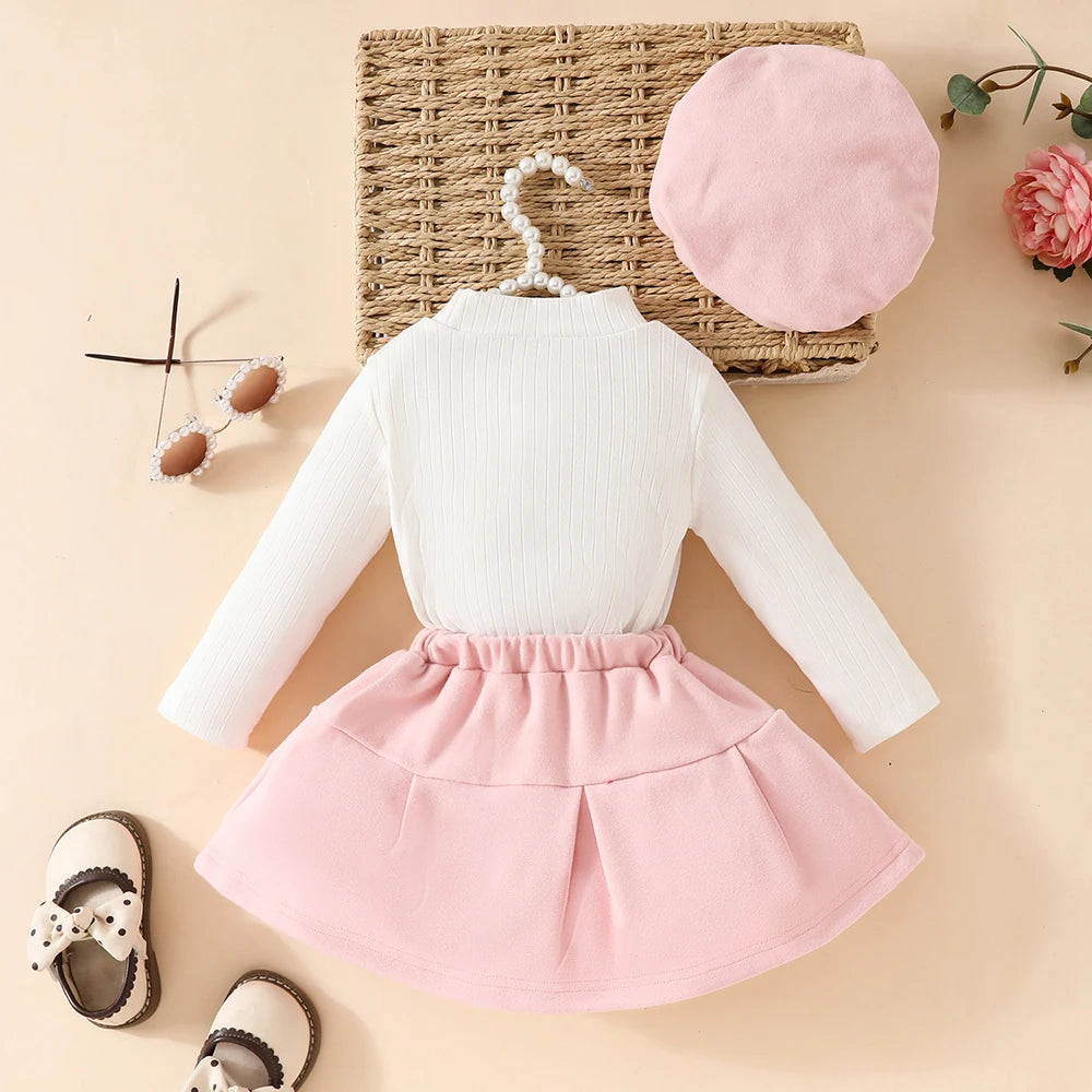 Baby Girls' New Year 2025 Clothing Set for 0-3 Years: Includes a Long-Sleeve Top with a Large Bow, an Irregular Skirt, and a Beret - 3-Piece Toddler Christmas Outfit.