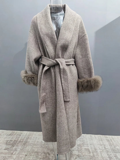 Luxe Office Lady Long Woolen Coat with Fur Trim 2025