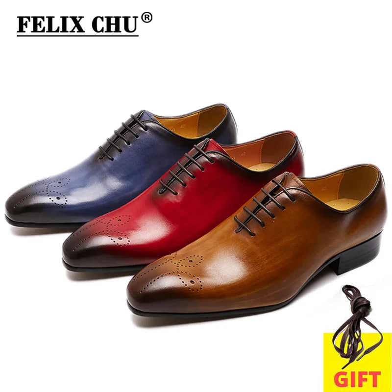 FELIX CHU 2025 Men's Oxford Genuine Leather Shoes Whole Cut Fashion Pointed Toe Lace-up Formal Business & Wedding Shoes