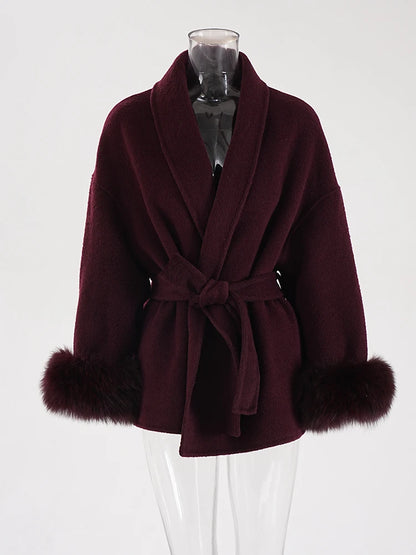 Luxe Office Lady Long Woolen Coat with Fur Trim 2025