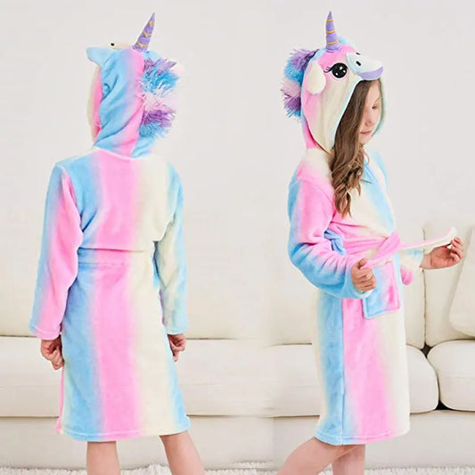 Boys Girls Sleepwear Hooded Bathrobe Toddler Unicorn Anime Cartoon Towel Beach