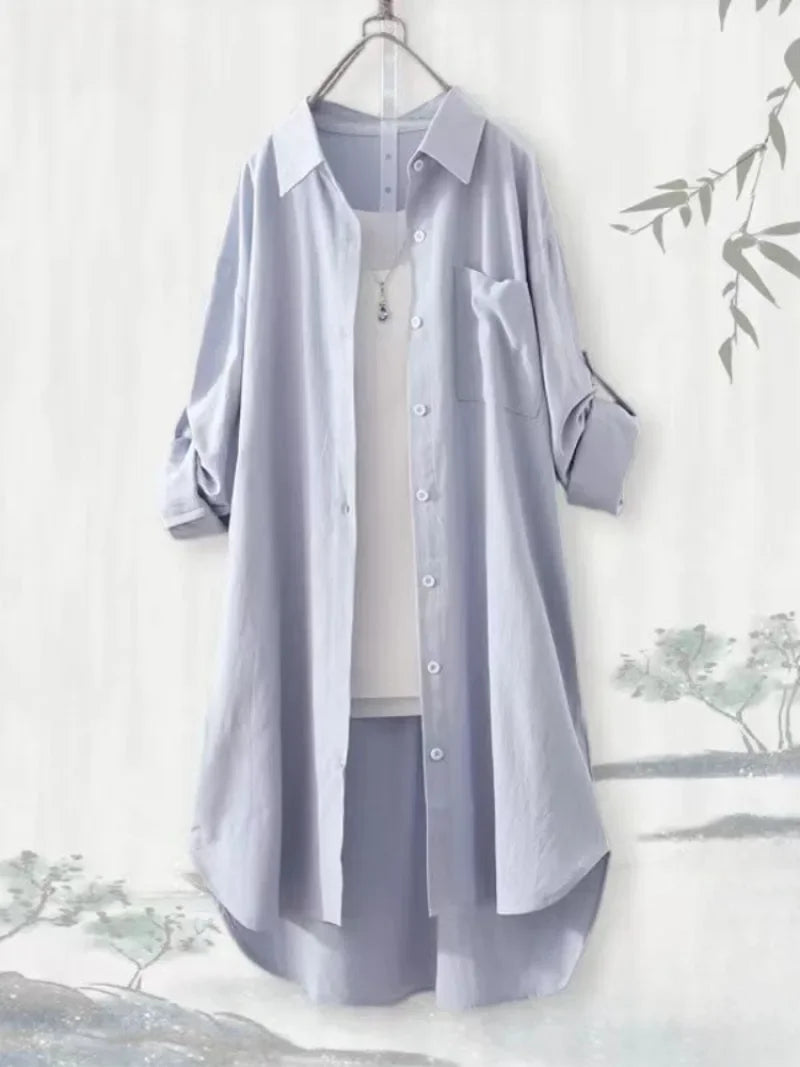 Plus-Size, Breathable Blouses; Midi, Korean Casual Autumn Shirts for Women; Simple, Solid, Female Long-Sleeved Shirts