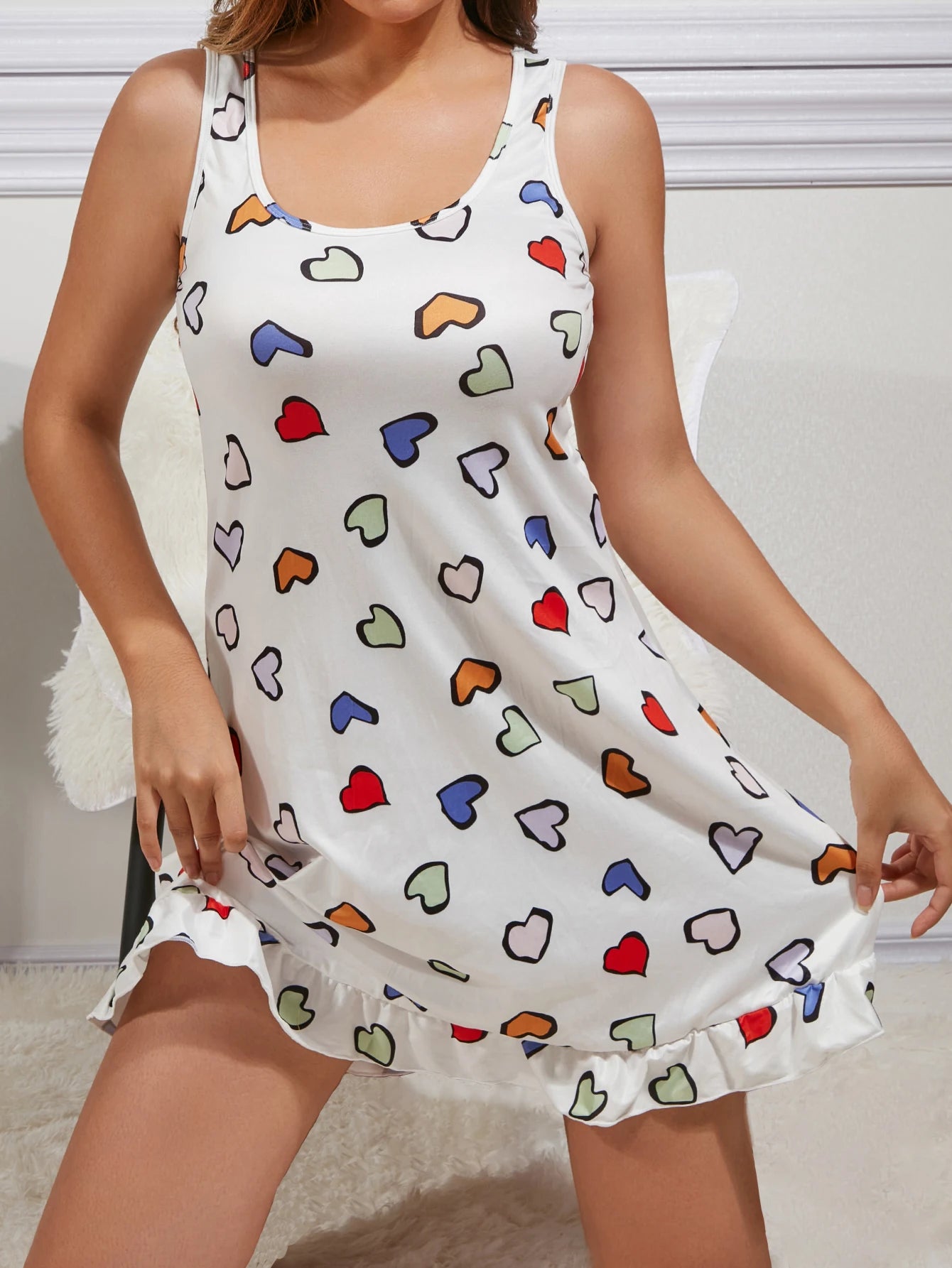 Heart Print Slip Nightdress with Lettuce Trim and Round Neckline