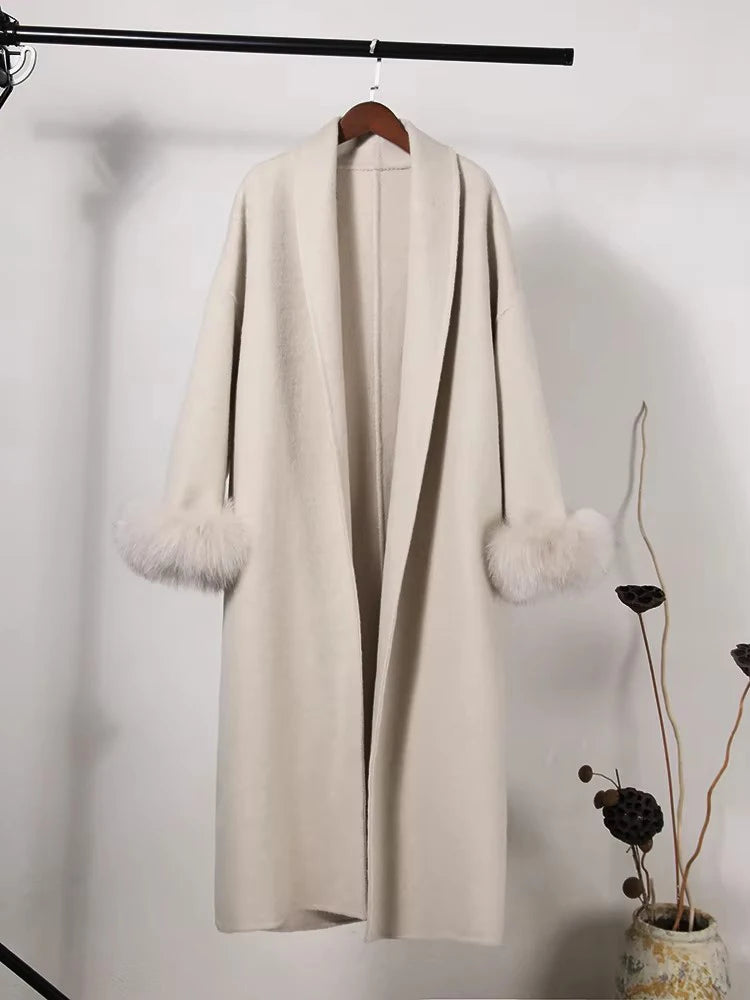 Luxe Office Lady Long Woolen Coat with Fur Trim 2025