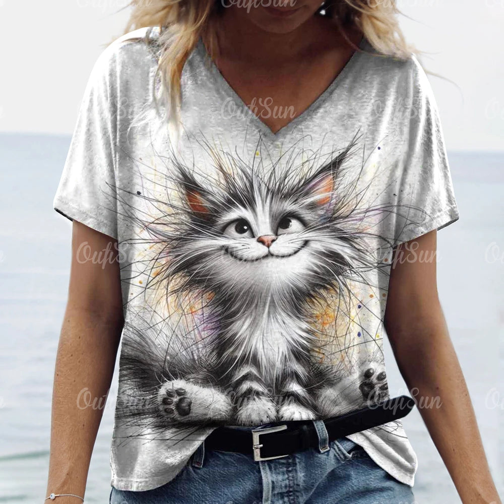 teen and young mom lovely cat T. shirt Cat Print Casual Short Sleeve Crew Neck  Female Oversized Clothing