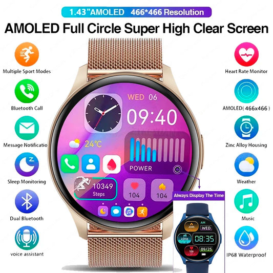 New 2025 Women & men Fashion 1.43 inches Bluetooth Call Smartwatch  AMOLED 466*466 HD Pixel Display Smart watches