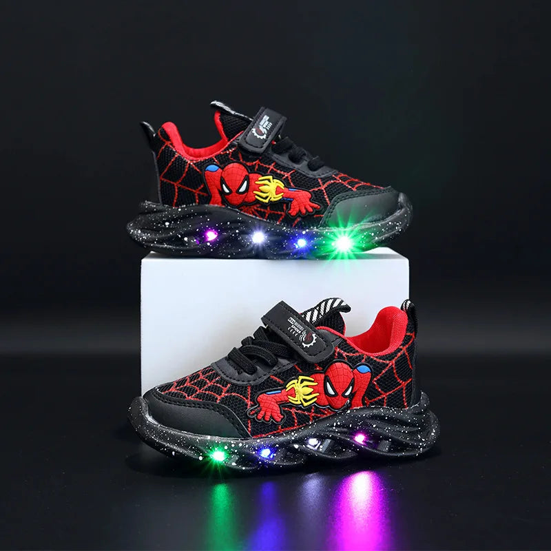 Disney LED Casual Sneakers in Red and Black, perfect for spring. Boys' mesh outdoor shoes with lighting and non-slip design, available in sizes 21-30.