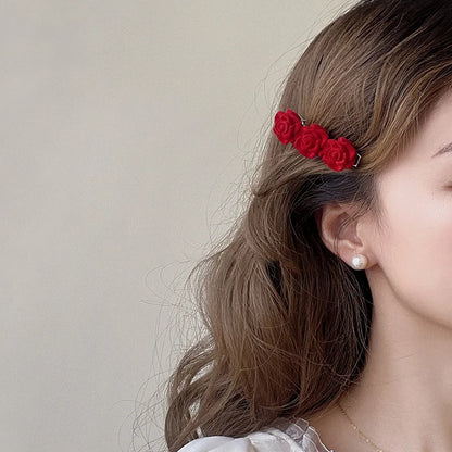 Red Velvet Rose Hair Clips For Women Girls Small Flower