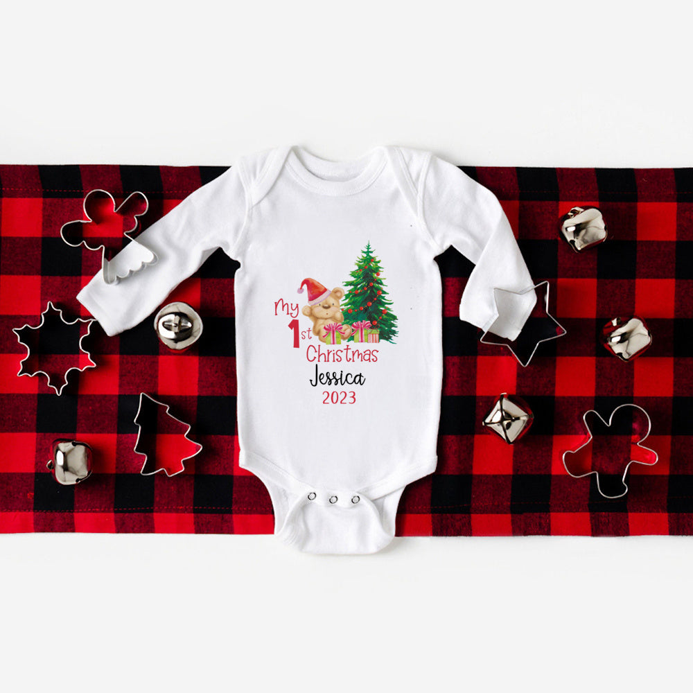 Personalized Baby's First Christmas Bodysuits, Custom Name Newborn Jumpsuit for Boys and Girls, Long Sleeve Xmas Party Clothes for Infants