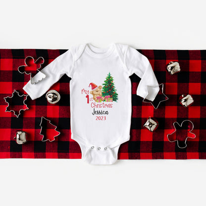 Personalized Baby's First Christmas Bodysuits, Custom Name Newborn Jumpsuit for Boys and Girls, Long Sleeve Xmas Party Clothes for Infants