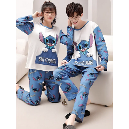 Cartoon Disney couple pajamas men's/women's pure cotton Stitch autumn two-piece set Stitch women and man pajamas home wear