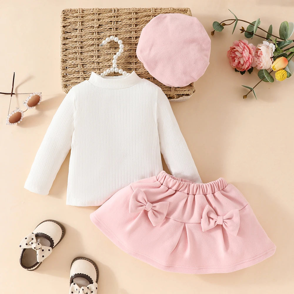 Baby Girls' New Year 2025 Clothing Set for 0-3 Years: Includes a Long-Sleeve Top with a Large Bow, an Irregular Skirt, and a Beret - 3-Piece Toddler Christmas Outfit.