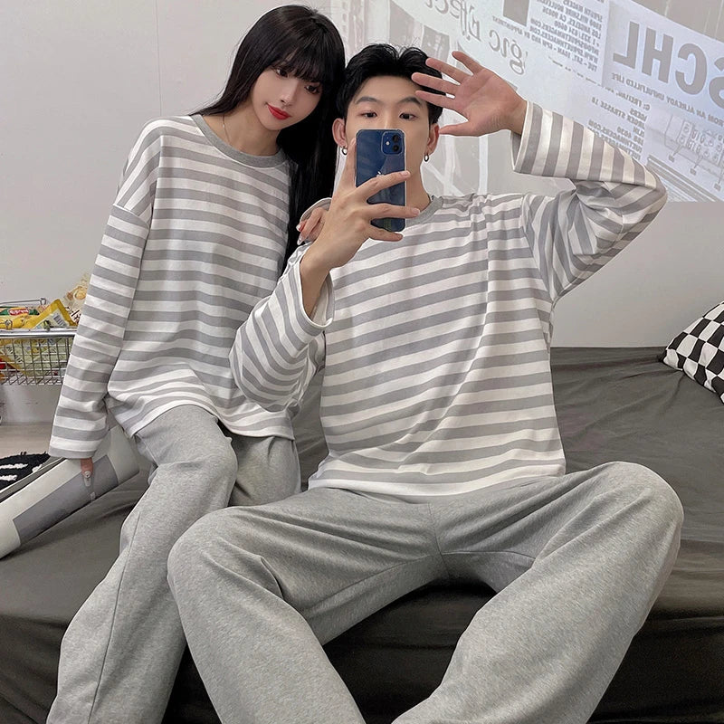 Cotton Men Pajamas Plus Size Autumn and Winter Striped Long-Sleeved Trousers 2 Piece Set Sleepwear