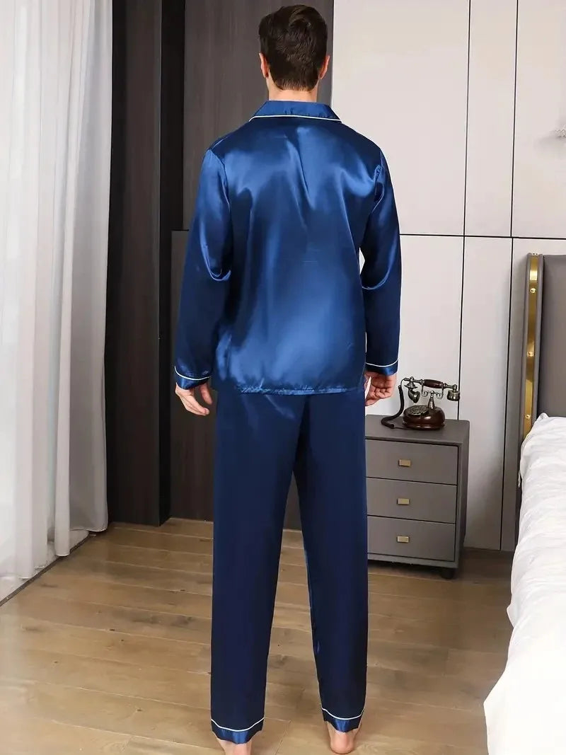 Men Fashion Pajamas Set Silk Satin Nightwear Big Size Spring Sleepwear .