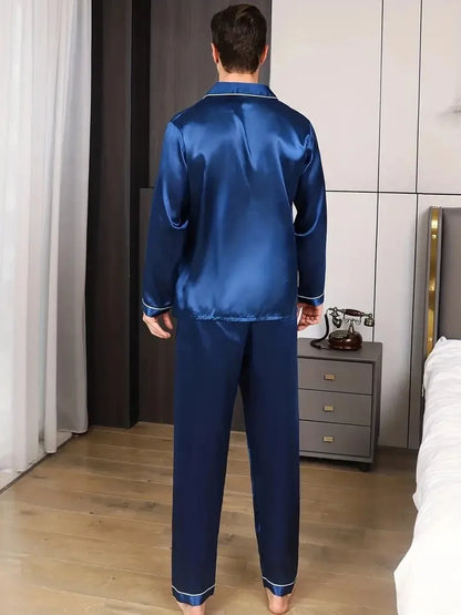 Men Fashion Pajamas Set Silk Satin Nightwear Big Size Spring Sleepwear .