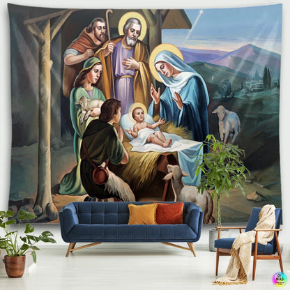 Christian  Scene Tapestry Jesus Birth Manger Barn Wall Hanging Angel Easter Christmas Wall Decor Christ Tapestries Room Decoration